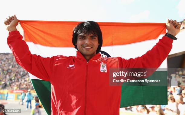 Neeraj Chopra of India celebrates winning gold in the Men's Javelin final during athletics on day 10 of the Gold Coast 2018 Commonwealth Games at...