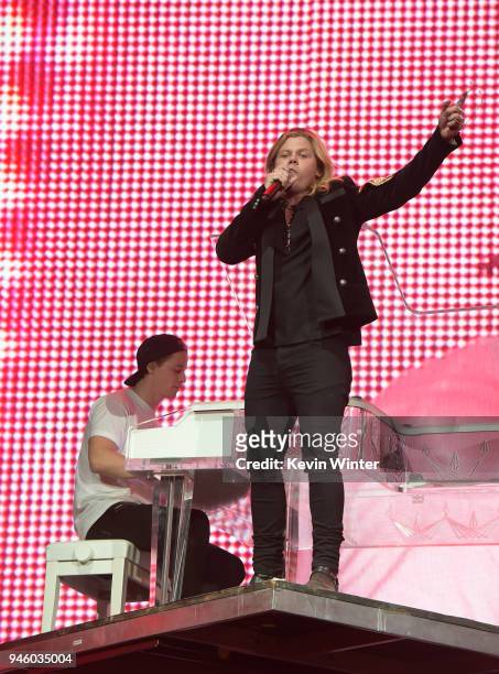 Kygo and Conrad Sewell perform onstage during the 2018 Coachella Valley Music And Arts Festival at the Empire Polo Field on April 13, 2018 in Indio,...