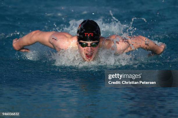 Zach Harting competes in the Men's 200 LC Meter Butterfly A final during day two of the TYR Pro Swim Series at the Skyline Aquatic Center on April...