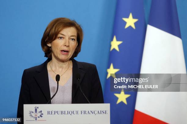 French Defense Minister Florence Parly gives an official statement in the press room after attending an emergency meeting with French President...