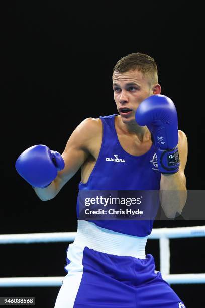 Harry Garside of Australia looks on against Manish Kausjik of India in the Men's 60kg Final Boxing Bout on day 10 of the Gold Coast 2018 Commonwealth...