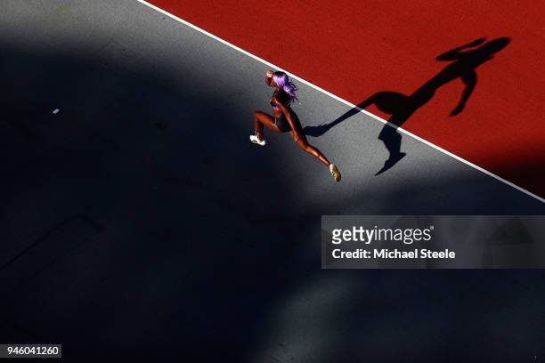 Priscilla Frederick of Antigua and Barbuda competes in the Men's High Jump final during athletics on day 10 of the Gold Coast 2018 Commonwealth Games...