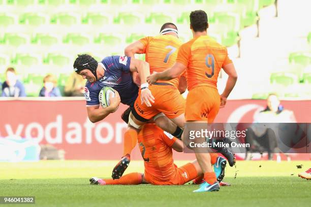 Ross Haylett-Petty of the Rebals is tackled during the round nine Super Rugby match between the Rebels and the Jaguares at AAMI Park on April 14,...