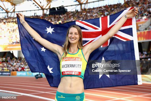 Nicola McDermott of Australia celebrates winning bronze in the Women's High Jump final during athletics on day 10 of the Gold Coast 2018 Commonwealth...