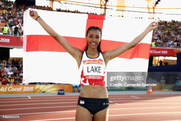 Morgan Lake of England celebrates winning silver in the Women's High Jump final during athletics on day 10 of the Gold Coast 2018 Commonwealth Games...