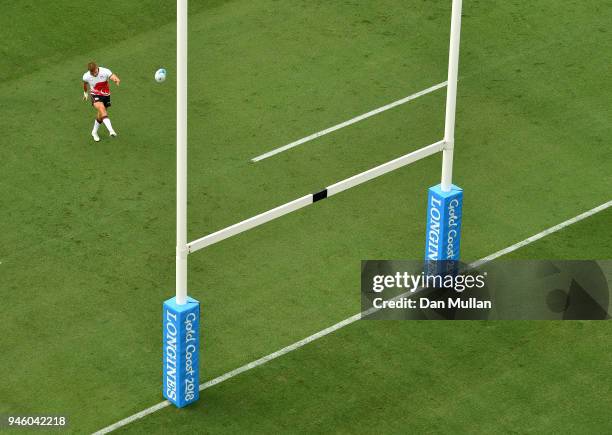 Tom Mitchell of England kicks a conversion during Rugby Sevens Men's Pool B match between England and Samoa on day 10 of the Gold Coast 2018...