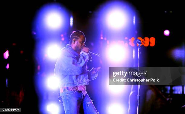 Kendrick Lamar performs onstage with SZA during the 2018 Coachella Valley Music And Arts Festival at the Empire Polo Field on April 13, 2018 in...