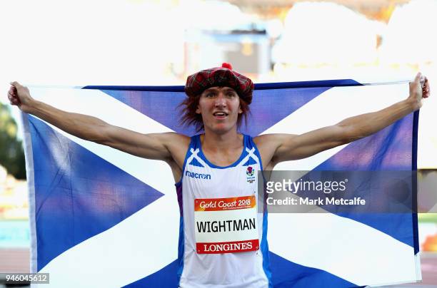 Jake Wightman of Scotland celebrates winning bronze in the Men's 1500 metres final during athletics on day 10 of the Gold Coast 2018 Commonwealth...