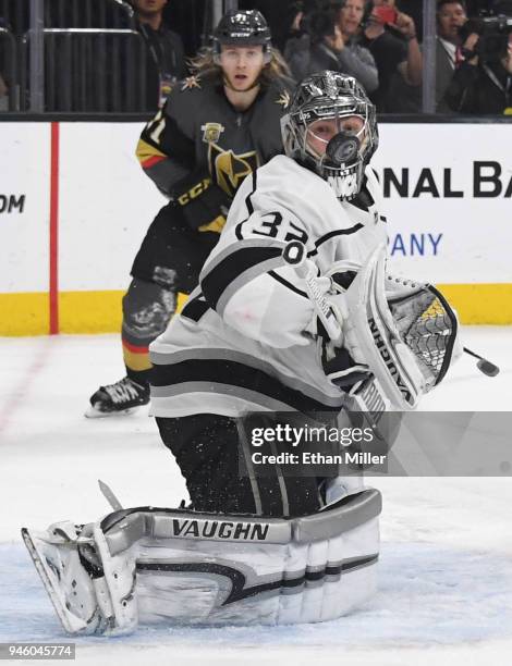 Jonathan Quick of the Los Angeles Kings blocks a Vegas Golden Knights' shot in the first overtime period of Game Two of the Western Conference First...