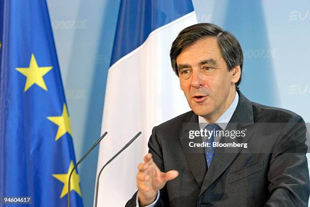 French Prime Minister Francois Fillon speaks during a meeting with German Chancellor Angela Merkel at the German Chancellory in Berlin, Germany,...