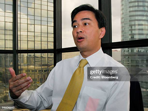 Abhisit Vejjajiva, leader of Thailand's Democrat Party, gestures during an interview, in Bangkok, Thailand, on Thursday, June 27, 2007. Thailand's...