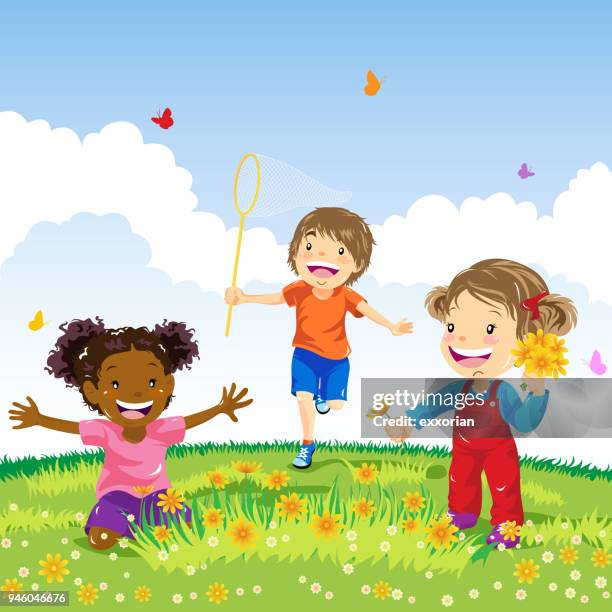 kinder spielen im frühjahr - blumenbeet stock-grafiken, -clipart, -cartoons und -symbole