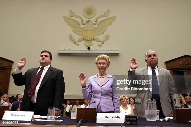 Steven Camarota, director of research at the Center for Immigration Studies, left, Phyllis Schlafly, president of the Eagle Forum, and U.S....