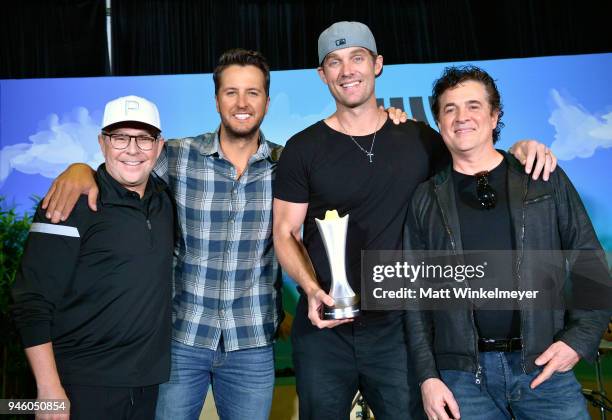 Jimmy Harnen, Luke Bryan, Brett Young, New Male Vocalist of the Year winner and Scott Borchetta attend the 53rd Academy of Country Music Awards...