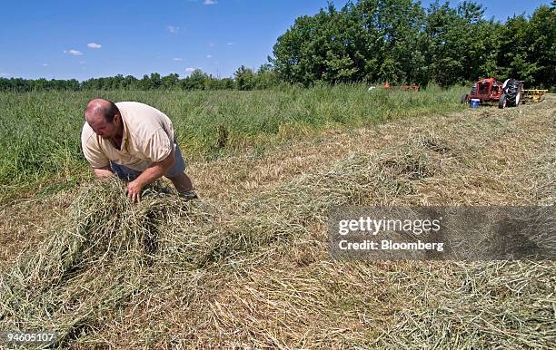 Ron Hobbs checks the moisture content of hay before it is baled in his fields in Jersey, Ohio on Friday, June 16, 2006. Hobbs rushed to get his...