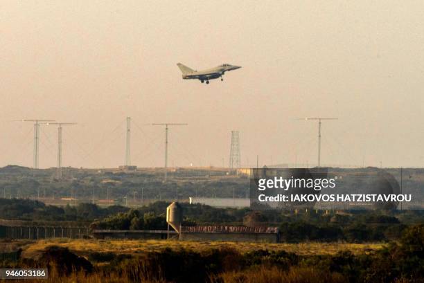 British military Typhoon aircraft lands at the Sovereign Base Area of Akrotiri, a British overseas territory located ten kilometres west of the...