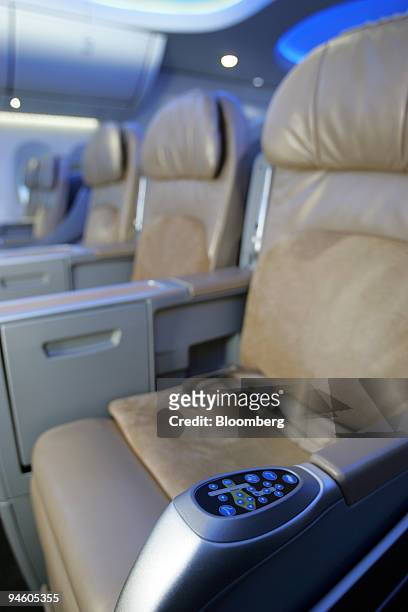 Seat controls in business class of the life-size display of the interior of the new Boeing 747-8 Intercontinental in Renton, Washington, Thursday,...