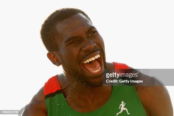 Troy Doris of Guyana celebrates winning gold in the Men's Triple Jump final during athletics on day 10 of the Gold Coast 2018 Commonwealth Games at...