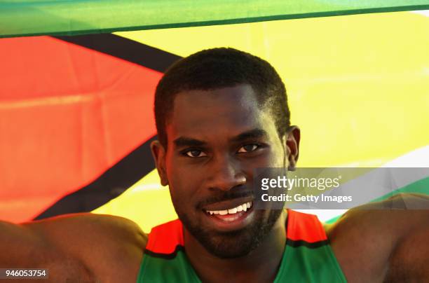 Troy Doris of Guyana celebrates winning gold in the Men's Triple Jump final during athletics on day 10 of the Gold Coast 2018 Commonwealth Games at...