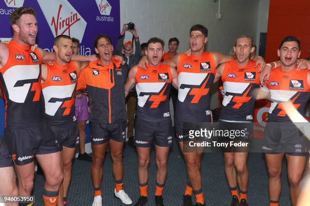 The Giants celebrate the win over the Dockers during the round four AFL match between the Greater Western Sydney Giants and the Fremantle Dockers at...