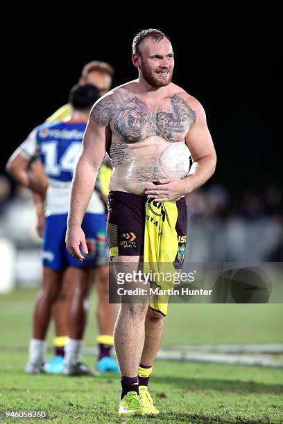 Matthew Lodge of the Broncos walks on the field after the round six NRL match between the New Zealand Warriors and the Brisbane Broncos at Mt Smart...