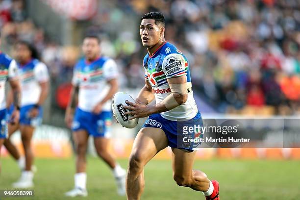 Roger Tuivasa-Sheck of the Warriors makes a break during the round six NRL match between the New Zealand Warriors and the Brisbane Broncos at Mt...