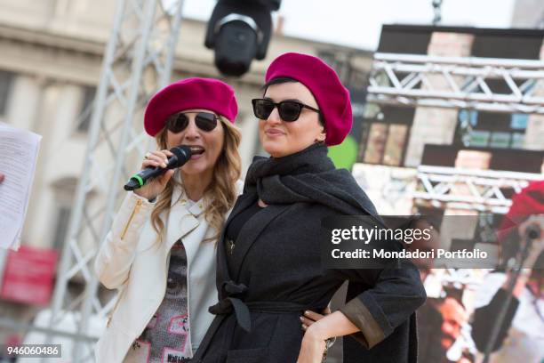 Italian singer Arisa with Jo Squillo piazza Duomo during the event Il futuro Ã© donna for the women's rights conceived by italian singer Jo Squillo....