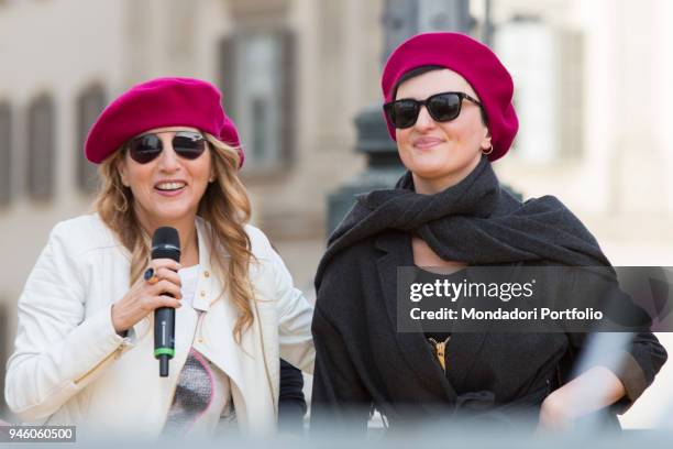 Italian singer Arisa with Jo Squillo piazza Duomo during the event Il futuro Ã© donna for the women's rights conceived by italian singer Jo Squillo....