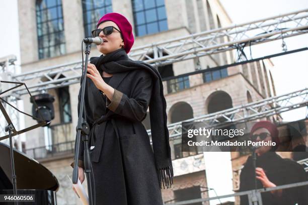 Italian singer Arisa performs in piazza Duomo during the event Il futuro Ã© donna for the women's rights conceived by italian singer Jo Squillo....