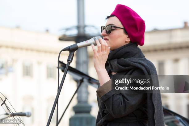 Italian singer Arisa performs in piazza Duomo during the event Il futuro Ã© donna for the women's rights conceived by italian singer Jo Squillo....