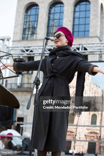 Italian singer Arisa performs in piazza Duomo during the event Il futuro Ã© donna for the women's rights conceived by italian singer Jo Squillo....