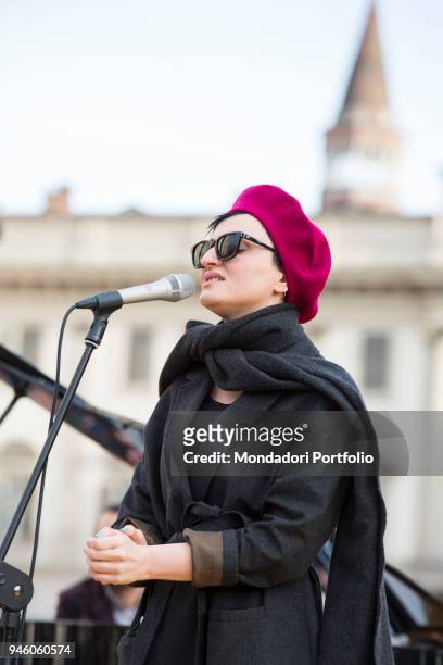 Italian singer Arisa performs in piazza Duomo during the event Il futuro Ã© donna for the women's rights conceived by italian singer Jo Squillo....