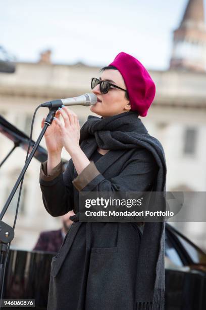 Italian singer Arisa performs in piazza Duomo during the event Il futuro Ã© donna for the women's rights conceived by italian singer Jo Squillo....