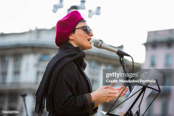 Italian singer Arisa performs in piazza Duomo during the event Il futuro Ã© donna for the women's rights conceived by italian singer Jo Squillo....