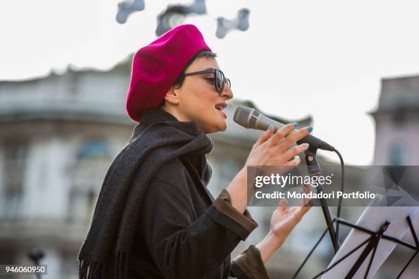 Italian singer Arisa performs in piazza Duomo during the event Il futuro Ã© donna for the women's rights conceived by italian singer Jo Squillo....