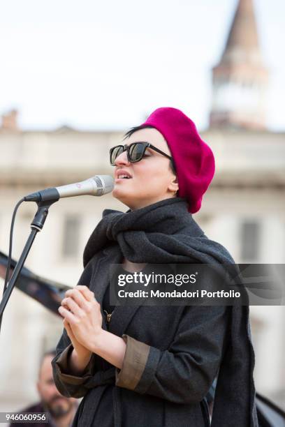 Italian singer Arisa performs in piazza Duomo during the event Il futuro Ã© donna for the women's rights conceived by italian singer Jo Squillo....