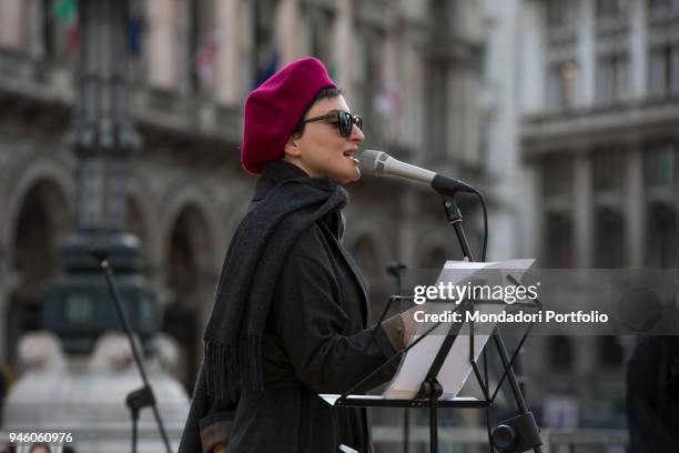 Italian singer Arisa performs in piazza Duomo during the event Il futuro Ã© donna for the women's rights conceived by italian singer Jo Squillo....