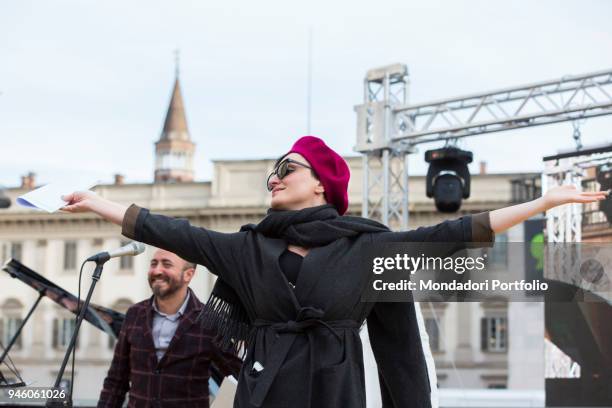 Italian singer Arisa performs in piazza Duomo during the event Il futuro Ã© donna for the women's rights conceived by italian singer Jo Squillo....