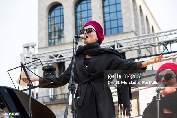 Italian singer Arisa performs in piazza Duomo during the event Il futuro �Ã© donna for the women's rights conceived by italian singer Jo Squillo....
