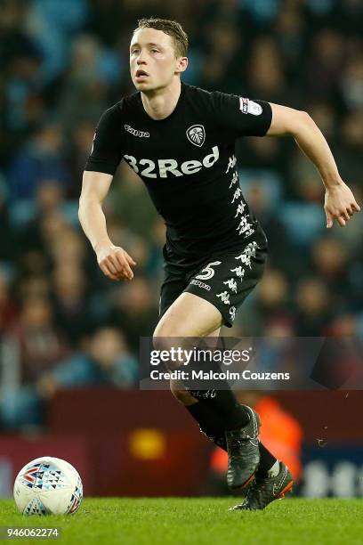 Matthew Pennington of Leeds United during the Sky Bet Championship match between Aston Villa and Leeds United at Villa Park on April 13, 2018 in...