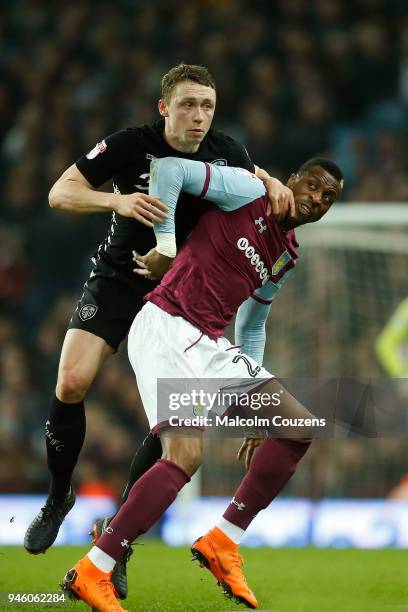 Matthew Pennington of Leeds United competes with Jonathan Kodjia of Aston Villa during the Sky Bet Championship match between Aston Villa and Leeds...