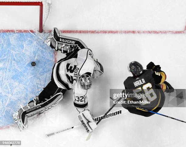 Erik Haula of the Vegas Golden Knights scores the game-winning goal against Jonathan Quick of the Los Angeles Kings in double overtime of Game Two of...