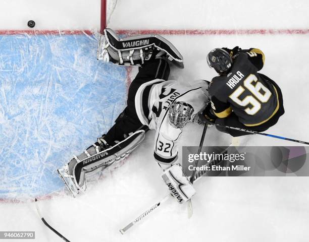 Erik Haula of the Vegas Golden Knights scores the game-winning goal against Jonathan Quick of the Los Angeles Kings in double overtime of Game Two of...