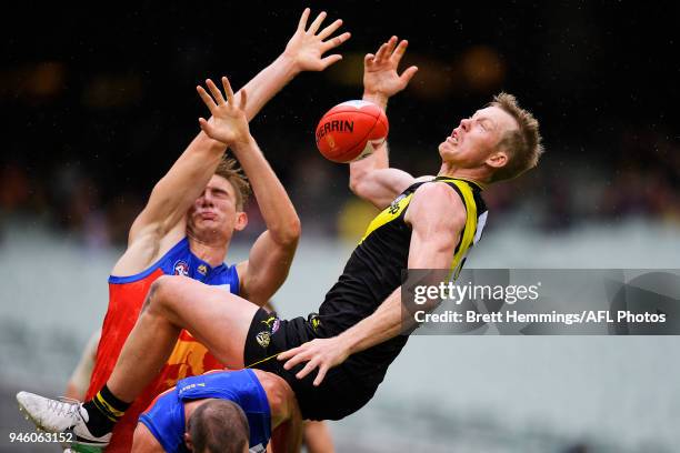 Jack Riewoldt of the Tigers attempts to take a mark during the round four AFL match between the Richmond Tigers and the Brisbane Lions at Melbourne...