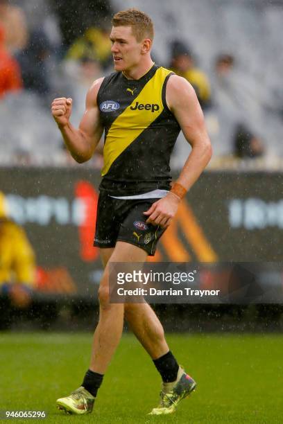 Jacob Townsend of the Tigers celebrates a goal during the round four AFL match between the Richmond Tigers and the Brisbane Lions at Melbourne...