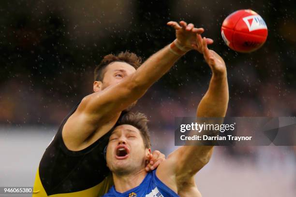 Toby Nankervis of the Tigers and Stefan Martin of the Lions compete in the ruck during the round four AFL match between the Richmond Tigers and the...