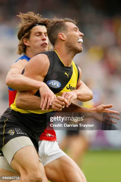 Zach Bailey of the Lions tackles Alex Rance of the Tigers during the round four AFL match between the Richmond Tigers and the Brisbane Lions at...