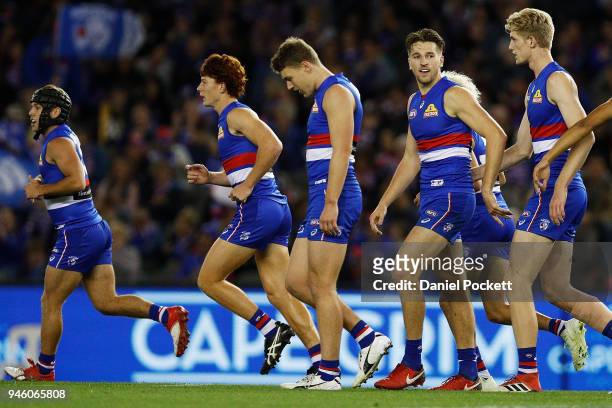 Marcus Bontempelli of the Bulldogs celebrates a goal during the round four AFL match between the Western Bulldogs and the Sydney Swans at Etihad...