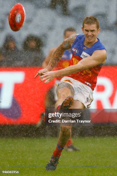 Dayne Beams of the Lions kicks the ball during the round four AFL match between the Richmond Tigers and the Brisbane Lions at Melbourne Cricket...