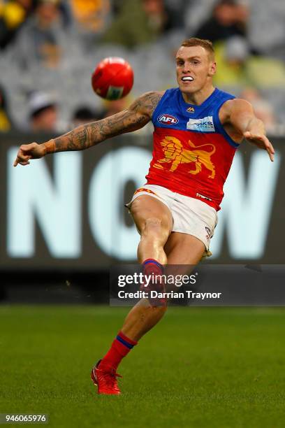 Mitch Robinson of the Lions kicks the ball during the round four AFL match between the Richmond Tigers and the Brisbane Lions at Melbourne Cricket...